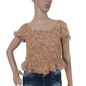 IRIS Floral Summer Multicolored Cropped Stretch Bodycon Puff Sleeve Blouse Top